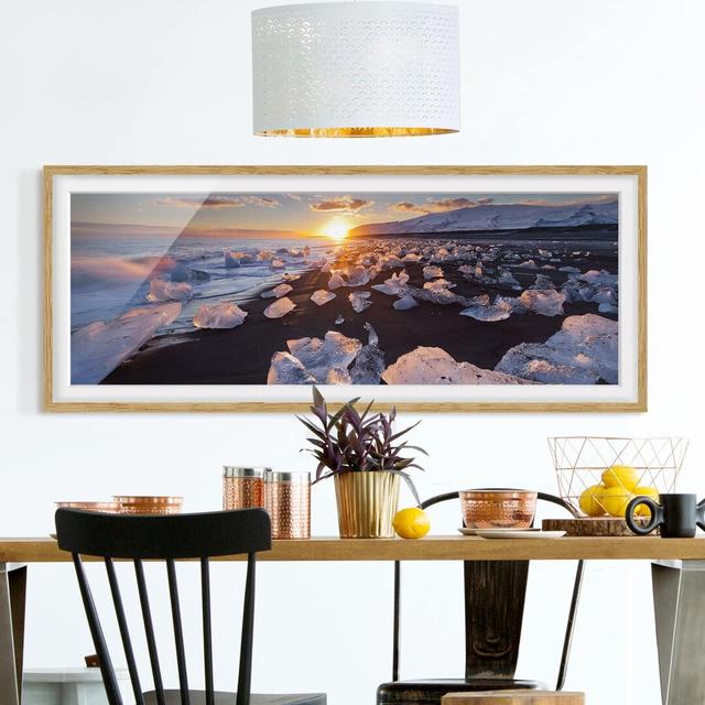 Picture With Frame - Ice Chunks On The Beach Iceland - Landscape Panorama Highland Dunes Frame Option: Brown Framed, Size: 20cm H x 50cm W x 2cm D on Productcaster.