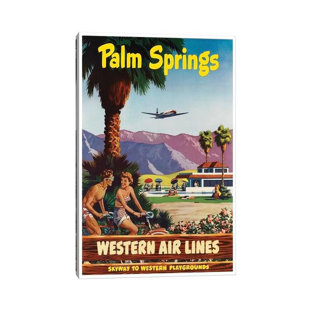 Palm Springs - Western Airlines, Skyway To Western Playgrounds - Painting on Canvas George Oliver Format: Wrapped Canvas, Size: 66.04cm H x 45.72cm W on Productcaster.