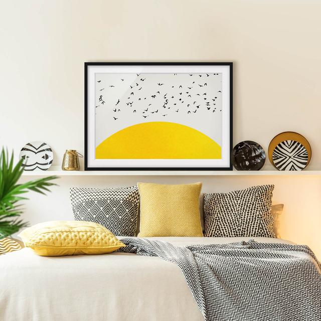 Flock of Birds in Front of Yellow Sun - Picture Frame Graphic Art Ebern Designs Format: Black, Matte Colour: White, Size: 70cm H x 100cm W x 2cm D on Productcaster.