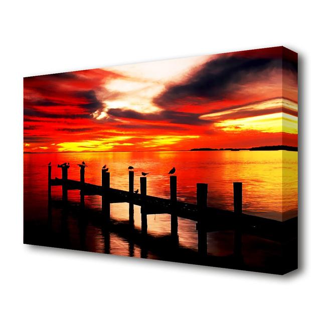 'Pier Fire Sky Seascape' - Wrapped Canvas Photograph Print East Urban Home Size: 35.6 cm H x 50.8 cm W on Productcaster.