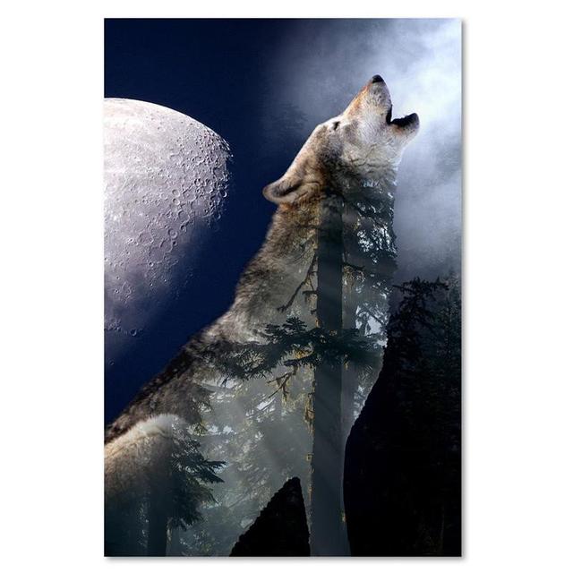 Canvas print, Wolf howling at night to the moon Union Rustic Size: 120cm H x 80cm W x 2cm D on Productcaster.