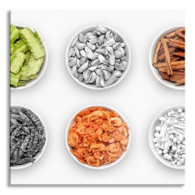 Spices In Bowls - No Frame Print on Glass Brayden Studio Size: 70cm H x 70cm W x 0.4cm D on Productcaster.