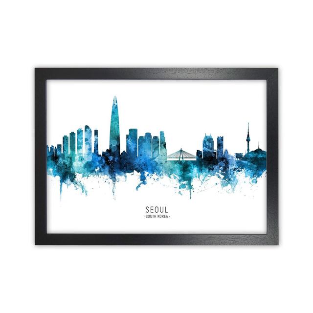 Seoul South Korea Skyline Blue City Name by Michael Tompsett - Graphic Art Ebern Designs Format: Black Framed, Size: 46cm H x 63cm W x 3cm D on Productcaster.