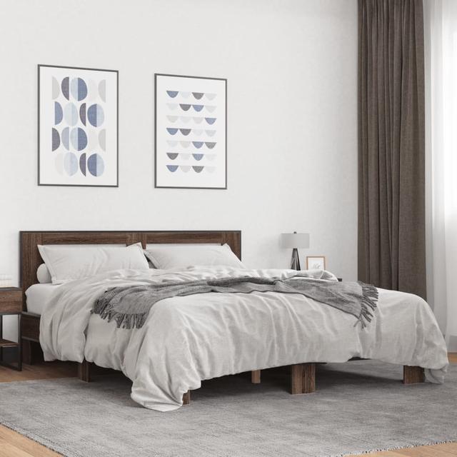 Vidaxl Bed Frame Metal Marlow Home Co. Colour: Brown Oak, Size: European Kingsize (160 x 200cm) on Productcaster.