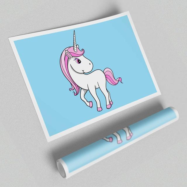 Unicorn Walking Childrens - Unframed Graphic Art Print on Paper East Urban Home Size: 100cm H x 141.4cm W, Colour: Blue/White on Productcaster.