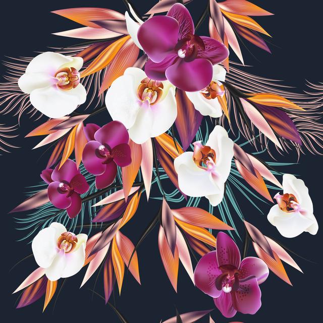 Palm Leaves and Orchids by Mashakotcur - Wrapped Canvas Graphic Art ClassicLiving Size: 51cm H x 51cm W on Productcaster.