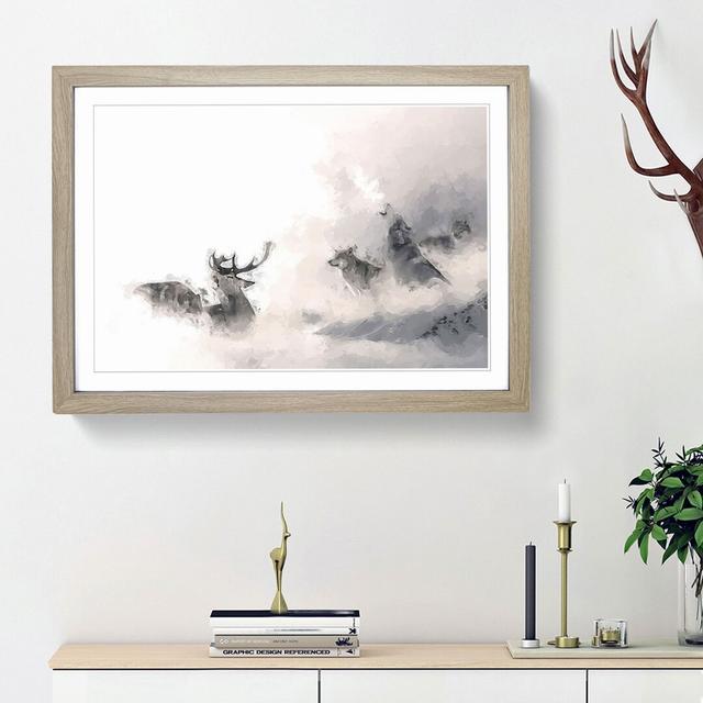 Stag and Wolf with at Winter in Abstract - Picture Frame Painting Print on MDF East Urban Home Frame Option: Oak Framed, Size: 27cm H x 36cm W x 2cm D on Productcaster.