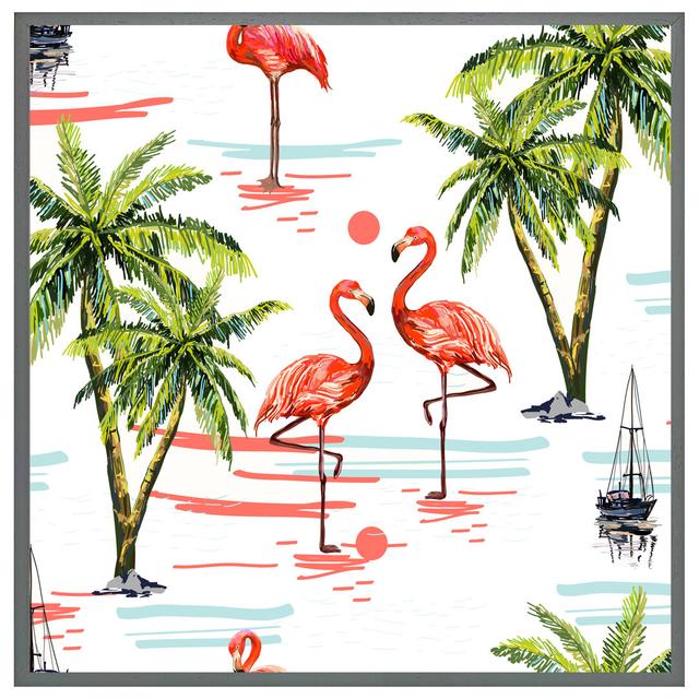 Chambaud Flamingo & Palm Trees - Print 17 Stories Size: 76cm H x 76cm W x 4cm D, Format: Grey Framed on Productcaster.