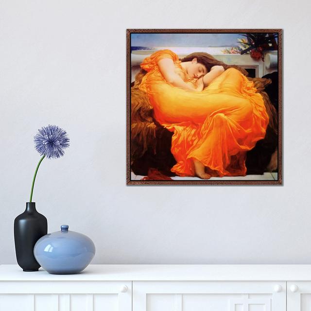 Flaming June by Frederic Leighton - Floater Frame Painting on Canvas Lark Manor Frame Option: Brown Framed, Size: 46cm H x 46cm W x 4cm D on Productcaster.