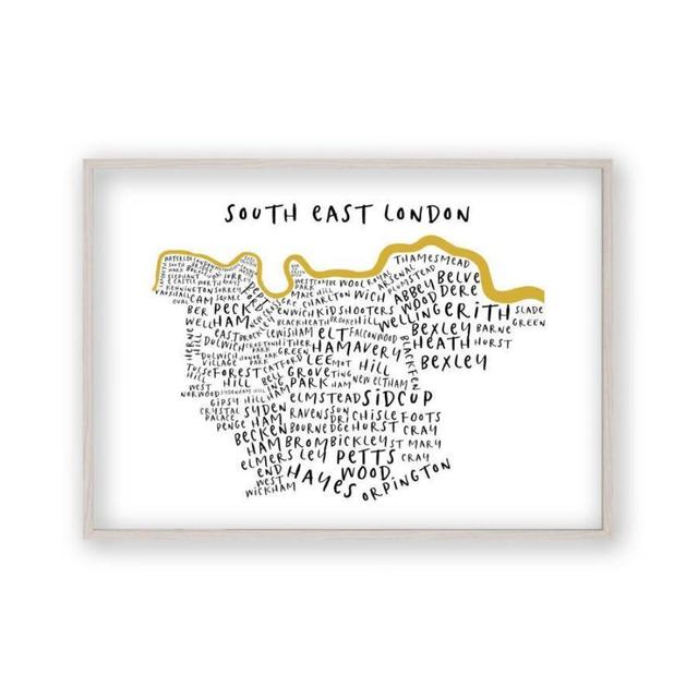 South East London Typography Map Graphic Art Blim and Blum Size: 22 cm H x 31 cm W x 2.5 cm D, Format: White Oak Frame on Productcaster.