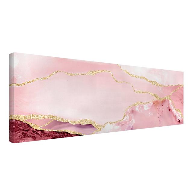 Abstract Mountains in Pink with Golden Lines - Wrapped Canvas Panoramic Painting Canora Grey on Productcaster.