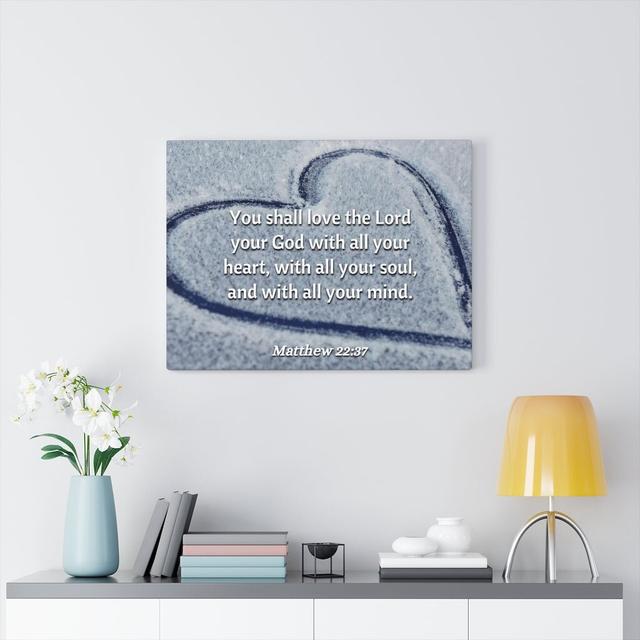 All Thy Heart Matthew 22:37 - Wrapped Canvas Typography Blue Elephant Size: 46cm H x 61cm W on Productcaster.