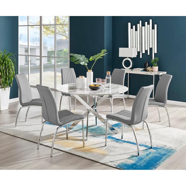 Tierra Modern Chrome Metal & Glass Round Dining Table Set with 6 Soft Touch Faux Leather Chairs Canora Grey Colour (Chair): Grey on Productcaster.