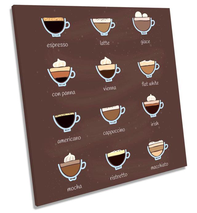 Coffee Drinks Types Kitchen Print CANVAS WALL ART Square Picture Brown Happy Larry Size: 40.6cm H x 40.6cm W x 2cm D on Productcaster.