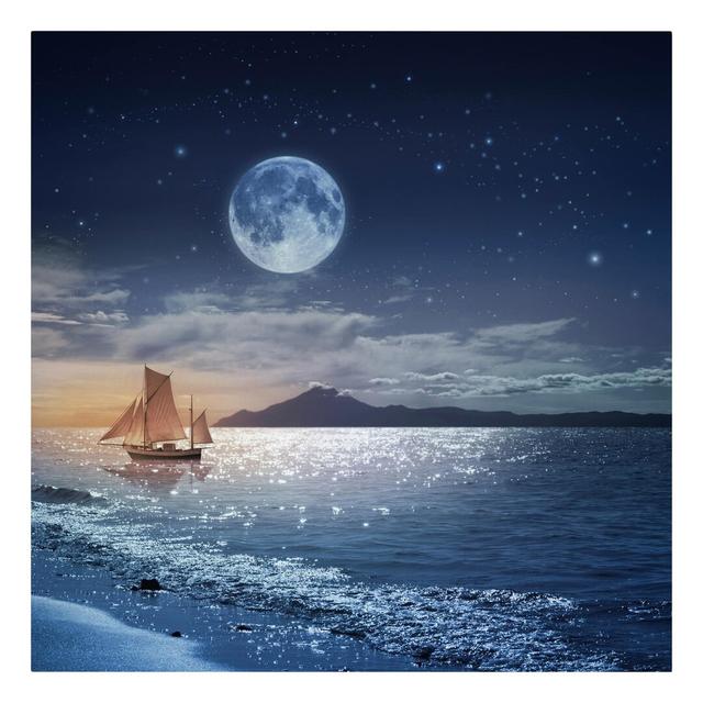 'Moon Night Sea' - Wrapped Canvas Graphic Art Print East Urban Home Size: 70cm H x 70cm W x 2cm D on Productcaster.