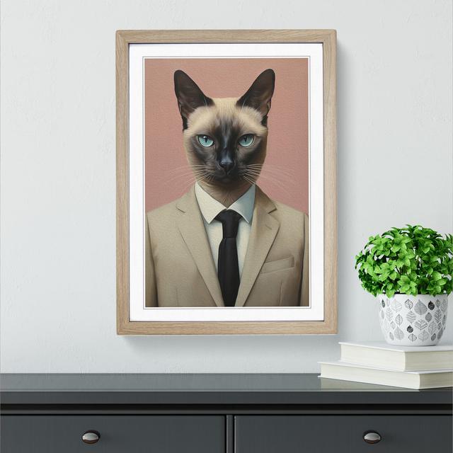 Siamese Cat in a Suit Painting No.3 Happy Larry Frame Colour: Oak, Size: 64cm H x 46cm W x 2cm D on Productcaster.