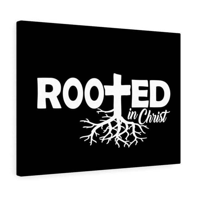 Rooted in Christ - Wrapped Canvas Typography Blue Elephant Size: 61cm H x 76cm W on Productcaster.