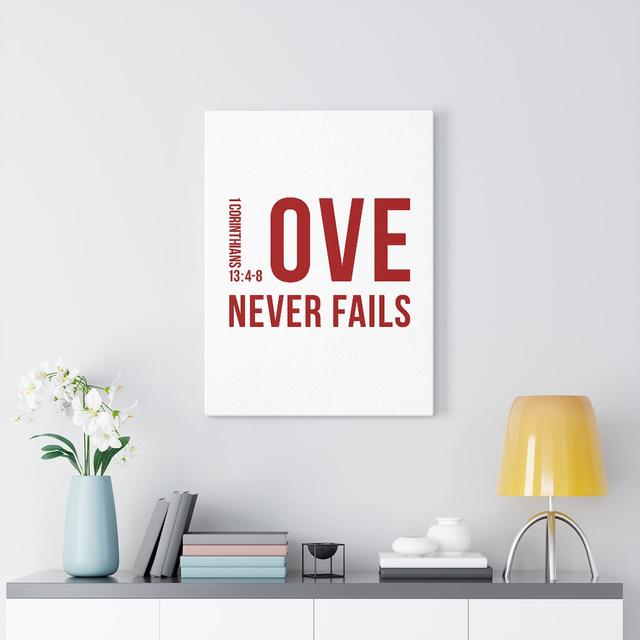 Love Never Fails 1 Corinthians 13:4-8 - Wrapped Canvas Typography Blue Elephant Size: 61cm H x 46cm W on Productcaster.