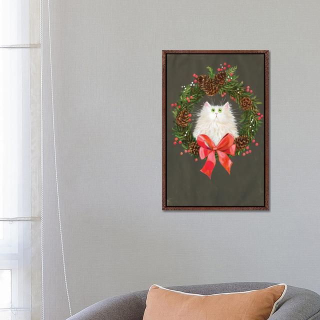 Festive Wreath White Cat by Kim Haskins - Print on Canvas The Seasonal Aisle Size: 66.04cm H x 45.72cm W x 3.81cm D, Format: Classic Brown Wood Framed on Productcaster.