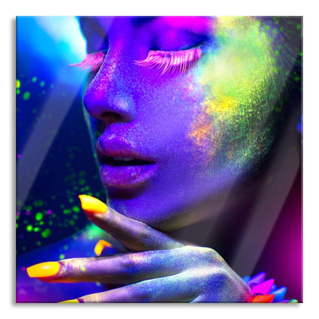 Woman's Face Colorful Neon Lights - No Frame Print on Glass Canora Grey Size: 70cm H x 70cm W x 0.4cm D on Productcaster.