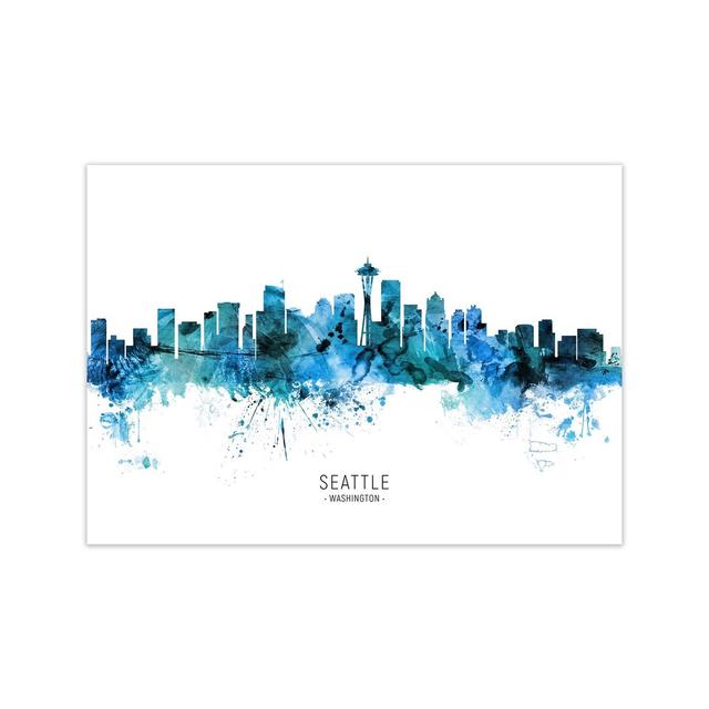 Seattle Washington Skyline Blue City Name by Michael Tompsett - Graphic Art Ebern Designs Format: Unframed, Size: 21cm H x 30cm W x 1cm D on Productcaster.