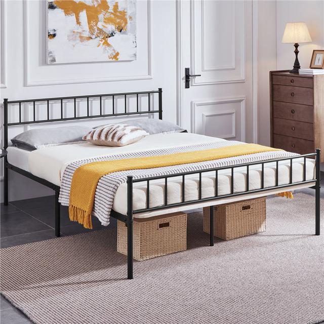 Minimalist Metal Bed Frame with Slatted Headboard Yaheetech Colour: Black, Size: Kingsize (5') on Productcaster.