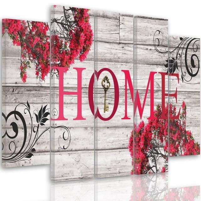 Inscription Home with Flowers - 5 Piece Wrapped Canvas Graphic Art Print Set Feeby Size: 120cm H x 250cm W on Productcaster.