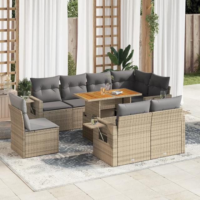 Vidaxl 9-Tlg. Garten-Sofagarnitur Mit Kissen Beige Poly Rattan Haus am Meer Rahmenfarbe: Beige, Farbe des Kissens: Hellgrau on Productcaster.