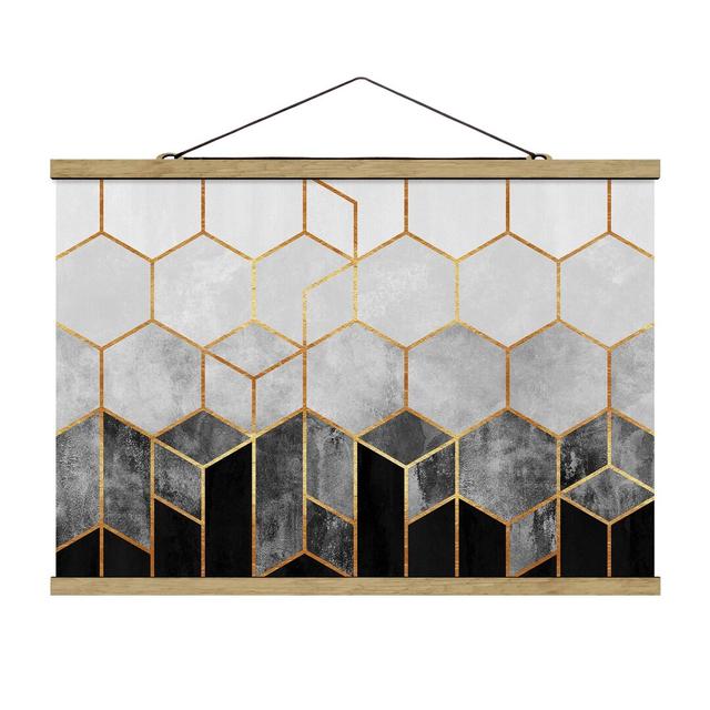 Golden Hexagons Black White by Elisabeth Fredriksson - Graphic Art Print Canora Grey Size: 53.5cm H x 80cm W x 0.3cm D on Productcaster.