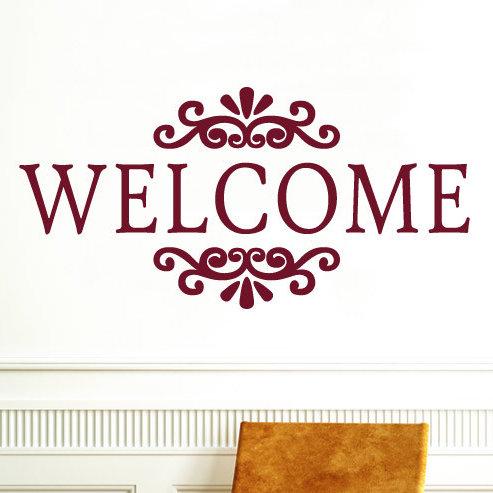 Welcome Sign Wall Sticker 17 Stories Size: Large, Colour: Burgundy on Productcaster.