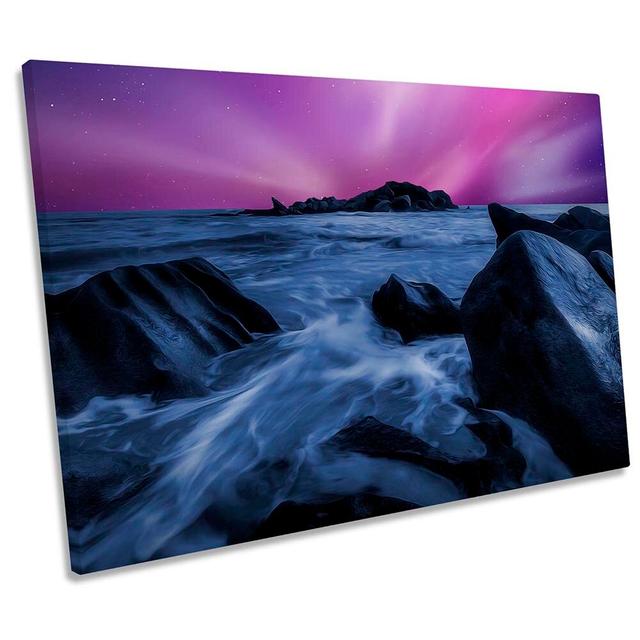 Purple Seascape Moonlight Framed CANVAS PRINT Wall Art Highland Dunes Size: 61cm H x 91.4cm W x 4cm D on Productcaster.