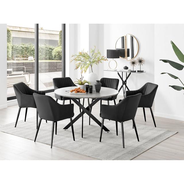 Tierra Modern Chrome Metal & Glass Round Dining Table Set with 6 Luxury Button Velvet Chairs Canora Grey Chair Colour: Black on Productcaster.