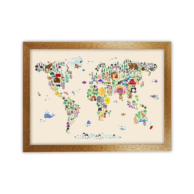 Animal Map Of The World by Michael Tompsett - Print Zoomie Kids Format: Brown Framed, Size: 46cm H x 63cm W x 3cm D on Productcaster.