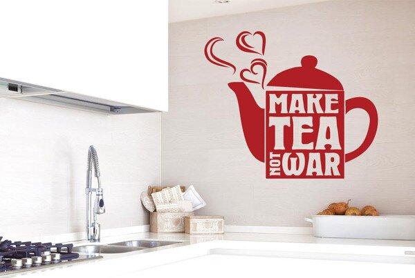 Make Tea Not War Wall Sticker East Urban Home Size: Medium, Colour: Dark Red on Productcaster.