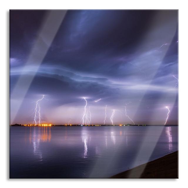 Lightning Strikes over City - Unframed Photograph on Glass Brayden Studio Size: 80cm H x 80cm W x 0.4cm D on Productcaster.