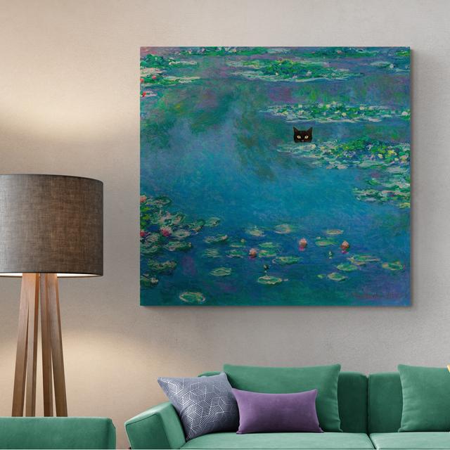 Monet Water Lillies With Black Cat by Claude Monet - Wrapped Canvas Art Prints Rosalind Wheeler Size: 30cm H x 30cm W on Productcaster.