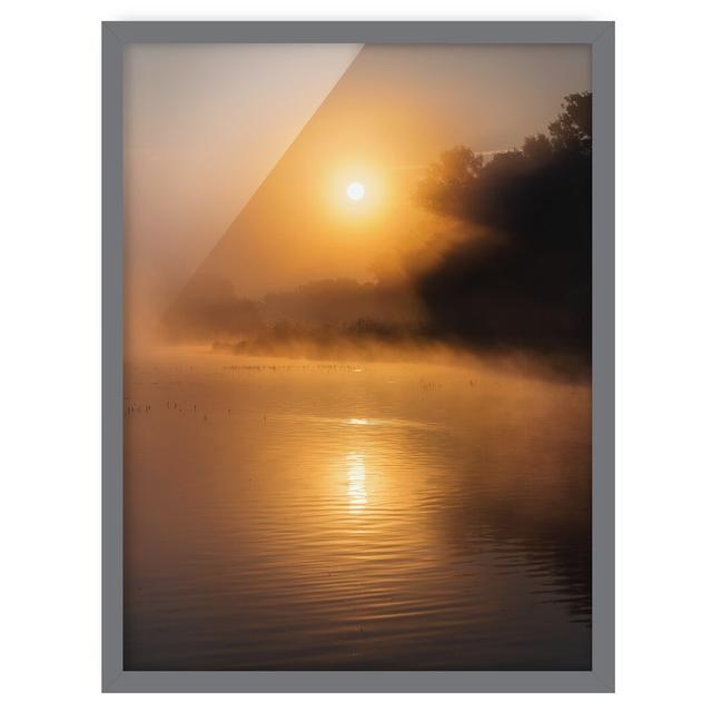 Sunrise at the Lake with Deer in the Fog - Picture Frame Graphic Art Union Rustic Size: 100cm H x 70cm W x 2cm D, Frame Option: Grey Framed on Productcaster.