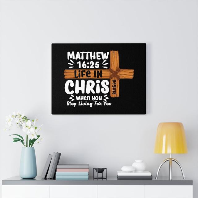 Life in Christ Cross Matthew 16:25 - Wrapped Canvas Typography Blue Elephant Size: 46cm H x 61cm W on Productcaster.