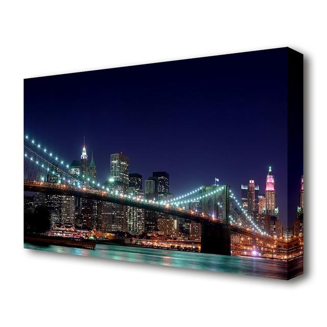 'Brooklyn Bridge New York Lights' Photograph on Wrapped Canvas East Urban Home Size: 35.6 cm H x 50.8 cm W on Productcaster.