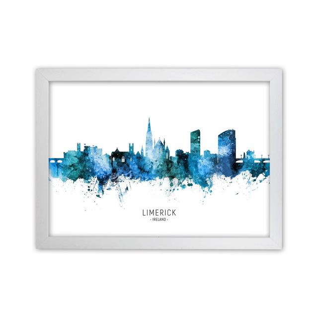 Limerick Ireland Skyline Blue City Name by Michael Tompsett - Graphic Art Ebern Designs Format: White Framed, Size: 25cm H x 34cm W x 3cm D on Productcaster.