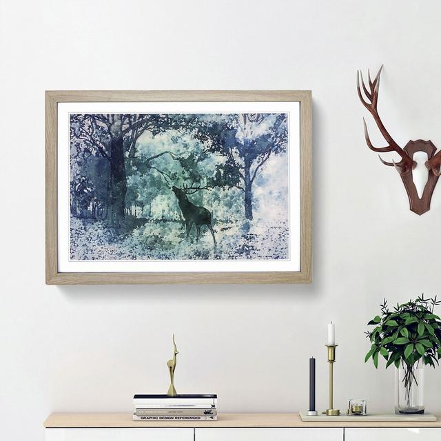 Deer Stag in a Blue Forest in Abstract - Picture Frame Painting Print on MDF East Urban Home Frame Option: Oak Framed, Size: 27cm H x 36cm W x 2cm D on Productcaster.