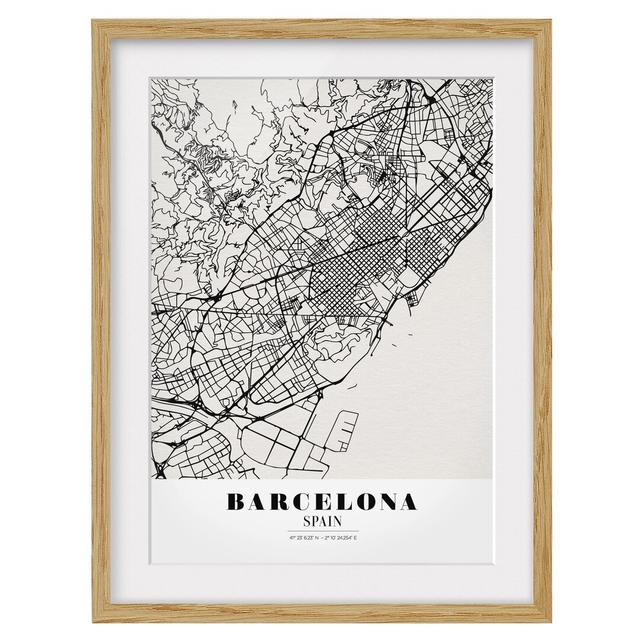 Barcelona Map - Classic Framed Photographic Print East Urban Home Rahmenoptionen: Natural oak, Size: 70cm H x 50cm W on Productcaster.