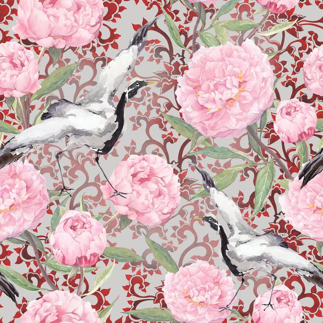 Crane Birds, Peony by Zzorik - Wrapped Canvas Painting ClassicLiving Size: 91cm H x 91cm W on Productcaster.