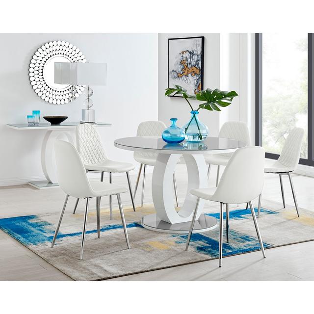 Scottsmoor Modern Halo Seat Round Dining Table Set - 6 Scandi-Style Faux Leather Dining Chairs Canora Grey Colour (Chair): White/Gold, Colour (Table T on Productcaster.