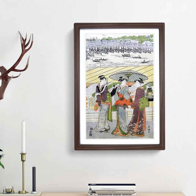 Three Women by Ryogoku Bridge by Utagawa Toyokuni - Picture Frame Painting Print East Urban Home Size: 36cm H x 27cm W x 2cm D, Frame Option: Oak Fram on Productcaster.