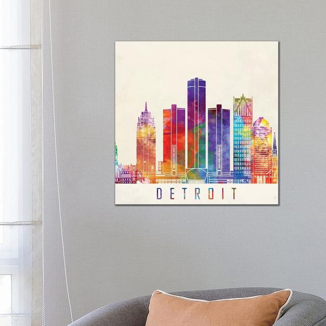 Detroit Landmarks Watercolour by Paul Rommer - Wrapped Canvas Print Wayfair Samples Size: 66.04cm H x 66.04cm W x 3.81cm D on Productcaster.