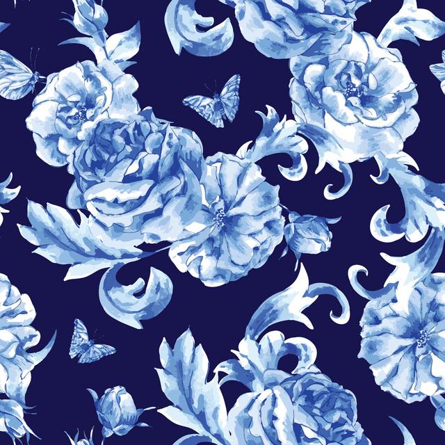 Overbrook Vintage Seamless Pattern Blue Roses And Butterflies - Wrapped Canvas Print ClassicLiving Size: 91cm H x 91cm W x 3.8cm D on Productcaster.