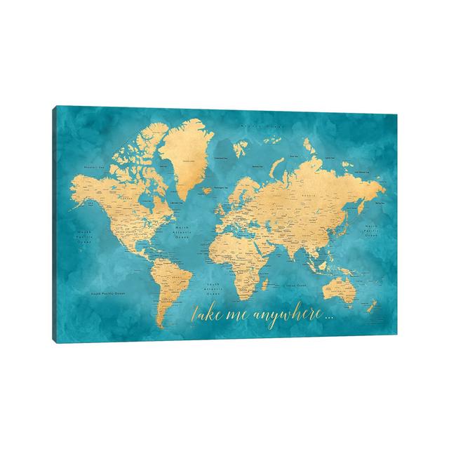 Take Me Anywhere Gold And Teal Detaillierte Weltkarte von Blursbyai - Gallery-Wrapped Canvas Giclée on Canvas Trent Austin Design Format: Leinen, Größ on Productcaster.