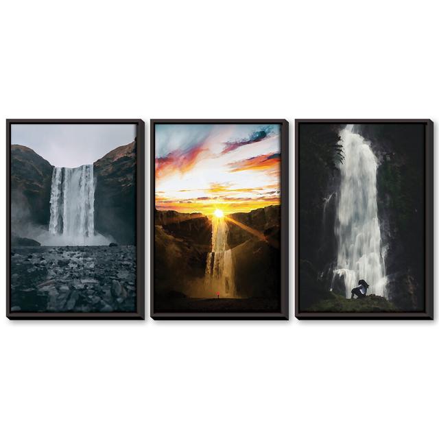 Magnificent Waterfalls - 3 Piece Painting Set on Canvas Clock Canvas Format: Black Framed, Size: 90cm H x 180cm W x 4.5cm D on Productcaster.