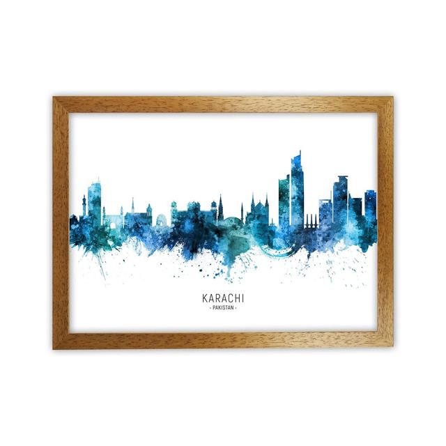 Karachi Pakistan Skyline Blue City Name by Michael Tompsett - Graphic Art Ebern Designs Format: Oak Framed, Size: 46cm H x 63cm W x 3cm D on Productcaster.